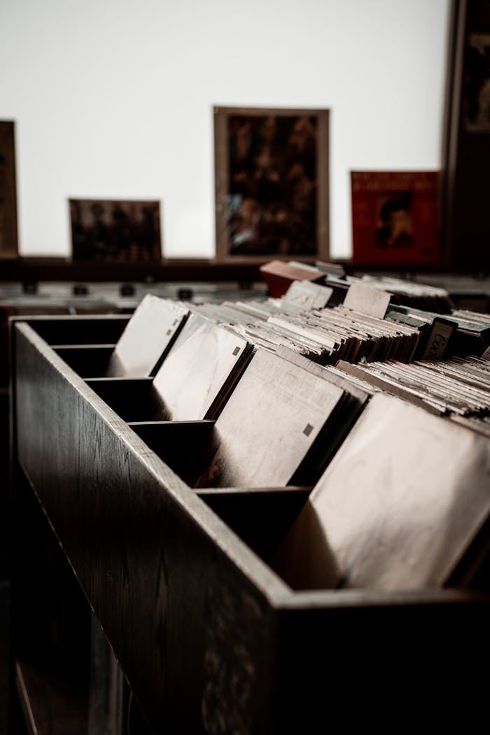 Vintage vinyl records displayed in a wooden storage rack at a music store.